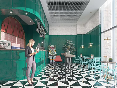 Stylish Green Cafe Interior With Black White Checkered Floor Blue Chairs Red Arch And Green Plants 3d model