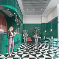 Stylish Green Cafe Interior With Black White Checkered Floor Blue Chairs Red Arch And Green Plants
