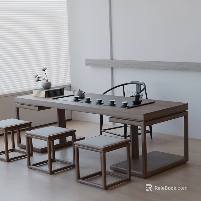 Minimalist Tea Room Interior Design With Wooden Tea Table Stools And Tea Sets 3d model 
