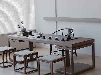 Minimalist Tea Room Interior Design With Wooden Tea Table Stools And Tea Sets 3d model