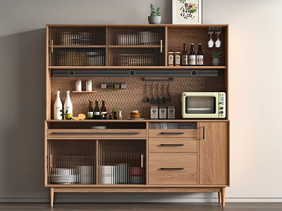 Wooden Kitchen Sideboard With Open Shelves Drawers Wine Bottles Microwave And Potted Plant 3d model