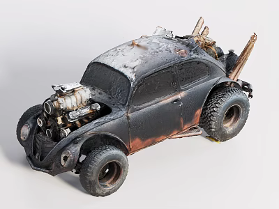 Rusty Modified Volkswagen Beetle Car With Exposed Engine And Large Tires 3d model