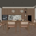 Warm Modern Dining Room Interior With Wooden Cabinets Dining Table Chairs And Pendant Lights