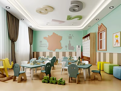 Kindergarten Classroom With Light Green Walls Map Decorations Number Ceiling Small Tables Chairs And Toys 3d model