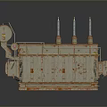 Rusty Power Transformer With Cooling Fins Bushings And Metal Tank