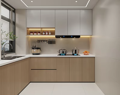 Modern Kitchen Interior With Light Wood Cabinets Countertop Appliances Fresh Fruits And LED Lighting 3d model