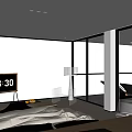Modern Hotel Room With King Bed Floor To Ceiling Windows Ocean View Desk And Laptop