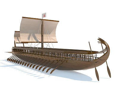 Ancient Wooden Ship With Sails Oars Row Seats And Decorative Prow 3d model