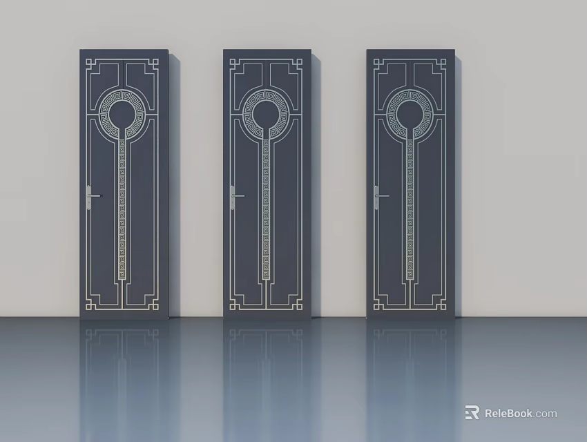 Three Classic Hinged Doors Featuring Intricate Circular Patterns And Dark Finish 3d model 
