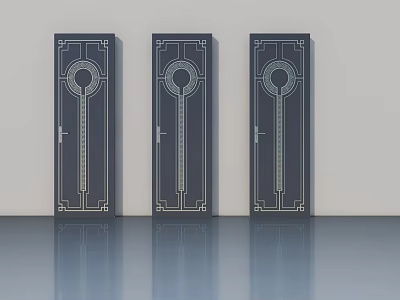 Three Classic Hinged Doors Featuring Intricate Circular Patterns And Dark Finish 3d model