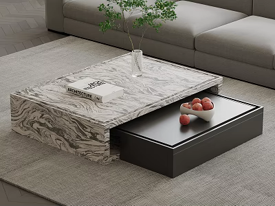 Stylish Marble Top Coffee Table With Open Black Drawer Book And Green Plant Vase 3d model
