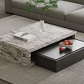 Stylish Marble Top Coffee Table With Open Black Drawer Book And Green Plant Vase