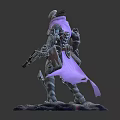Futuristic Warrior Character In Armor With Purple Scarf Dual Guns On Lava Rock Base