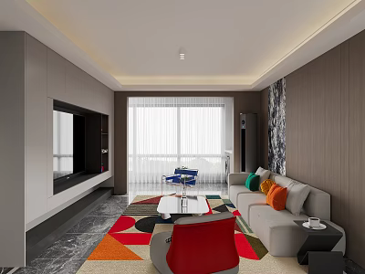 Modern Living And Dining Room Interior With Sofa Colorful Cushions Geometric Rug And TV Wall 3d model