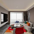 Modern Living And Dining Room Interior With Sofa Colorful Cushions Geometric Rug And TV Wall