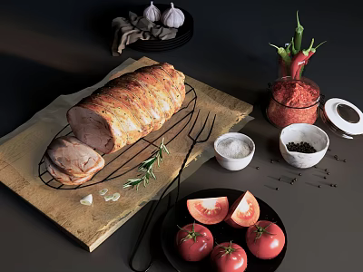Fresh Roasted Meat Roll on Wooden Cutting Board with Rosemary Garlic and Fresh Tomatoes 3d model