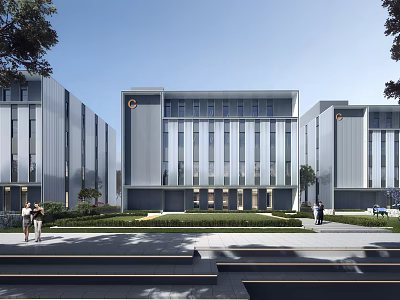 Modern Office Buildings Exterior With Glass Windows Green Lawn And Pedestrians 3d model