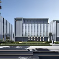 Modern Office Buildings Exterior With Glass Windows Green Lawn And Pedestrians