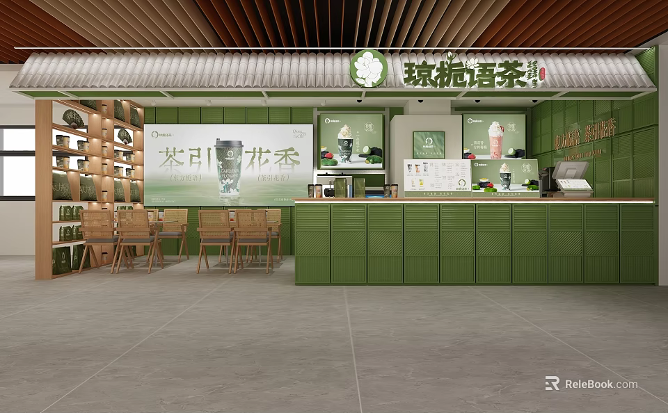 Modern Bubble Tea Shop Interior With Green Counter And Wooden Seating Area 3d model 