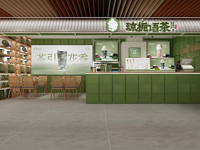 Modern Bubble Tea Shop Interior With Green Counter And Wooden Seating Area 3d model