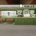 Modern Bubble Tea Shop Interior With Green Counter And Wooden Seating Area