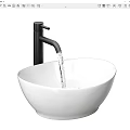 White Ceramic Bowl Shaped Bathroom Wash Basin With Modern Black Faucet And Flowing Water