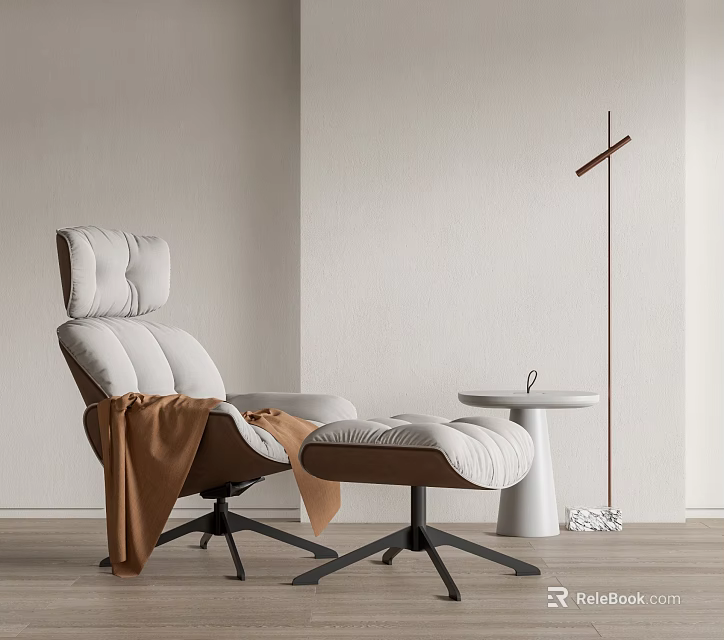 Beige Leisure Chair With Brown Blanket Beside Round Table Light Wall Wooden Floor 3d model 