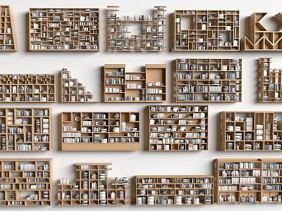Diverse Wooden Bookshelves With Open Design Multiple Layers And Different Sizes 3d model