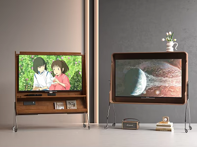 Two Televisions On Wooden TV Stands With Metal Legs Showing Anime And Planetary Scenes 3d model