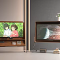 Two Televisions On Wooden TV Stands With Metal Legs Showing Anime And Planetary Scenes