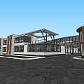 Modern Architectural Building With Geometric Glass Roof Large Windows Lawn And Stone Paved Ground