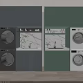 Gray and Green Modern Bathroom Cabinetry with Marble Countertops Faucets and Washing Machines