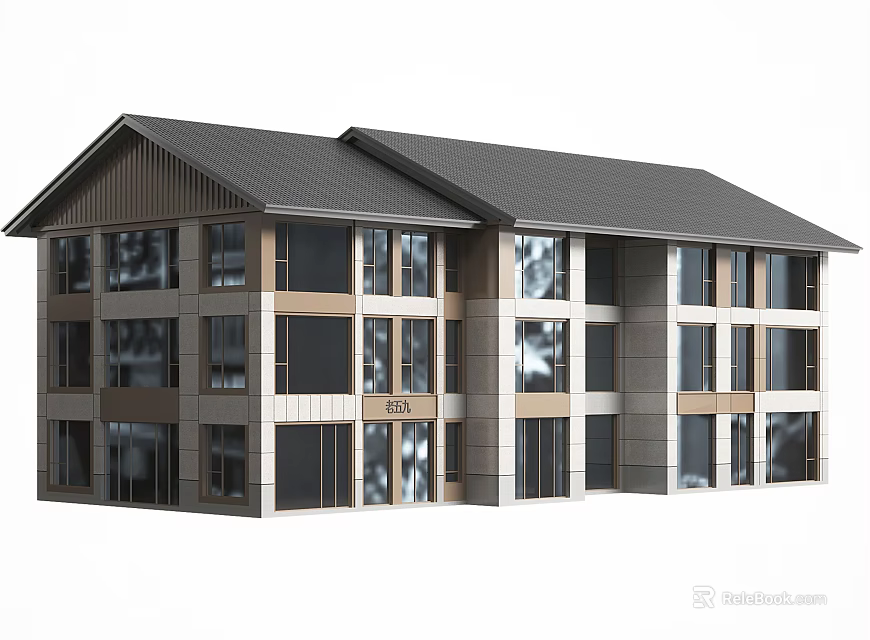 Modern Bed and Breakfast Building With Gray Roof Beige Exterior And Large Windows 3d model 