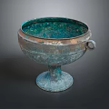 Vintage Ceramic Vessel With Green Glaze Pedestal Base And Handle In Classic Design