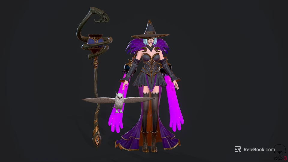 Witch Character In Purple Robe With Owl Companion And Magic Staff 3d model 