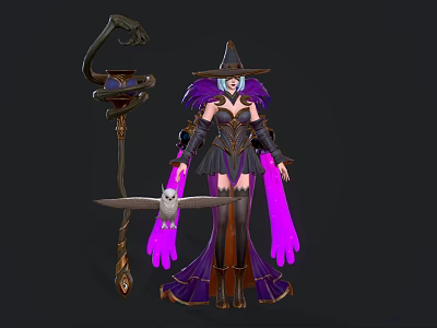 Witch Character In Purple Robe With Owl Companion And Magic Staff 3d model