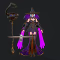 Witch Character In Purple Robe With Owl Companion And Magic Staff