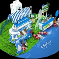 Christmas Themed Commercial Display Setup With Blue White Striped Awning Milk Products And Cow Decorations