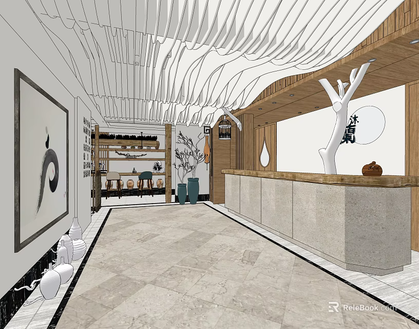 Modern Shop Front Desk Interior With Wooden Elements Marble Counter And Wall Art 3d model 