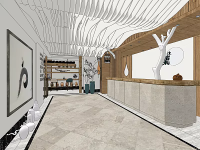 Modern Shop Front Desk Interior With Wooden Elements Marble Counter And Wall Art 3d model