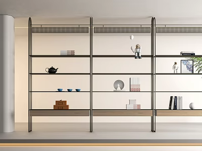 Modern Bookcase Design With Metal Frame Shelves And Books Tea Set Decorative Items 3d model