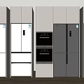 Modern Kitchen With Silver And White Refrigerators Freezers And Black Oven On Wooden Floor