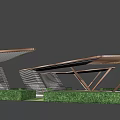 Modern Wooden Pergola With Geometric Support Beams Shaded Roof And Wooden Deck
