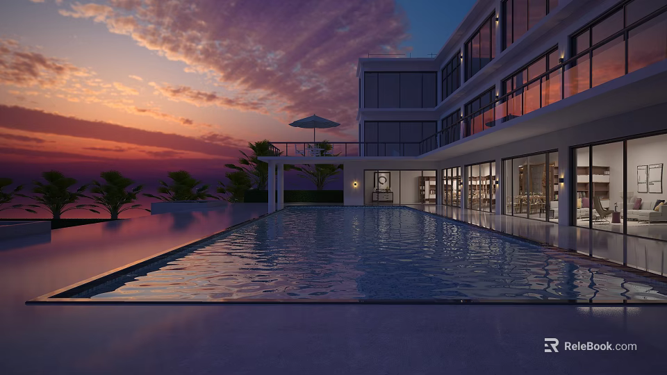 Modern Detached Villa With Large Swimming Pool Sunset Sky Terrace Umbrella And Glass Windows 3d model 