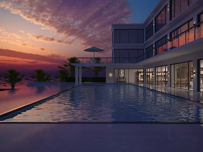 Modern Detached Villa With Large Swimming Pool Sunset Sky Terrace Umbrella And Glass Windows 3d model