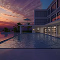 Modern Detached Villa With Large Swimming Pool Sunset Sky Terrace Umbrella And Glass Windows
