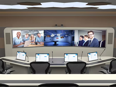 Modern Conference Room With Multiple Computer Screens Microphones Large Display Screen And People In Meeting 3d model