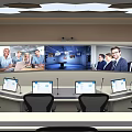 Modern Conference Room With Multiple Computer Screens Microphones Large Display Screen And People In Meeting
