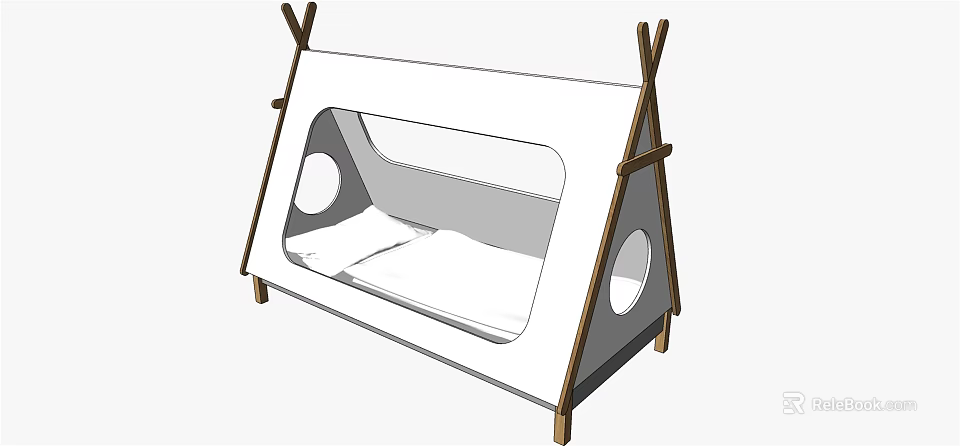Playful Kids Tent Bed With Wooden Frame Round Windows And Soft Mattress 3d model 
