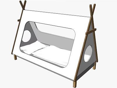 Playful Kids Tent Bed With Wooden Frame Round Windows And Soft Mattress 3d model